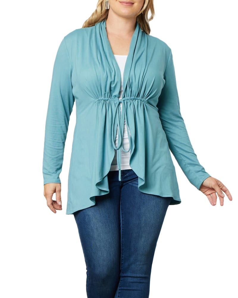 Front of a model wearing a size 0X Lori Brushed Bellini in LAGOON BLUE by Kiyonna. | dia_product_style_image_id:270170